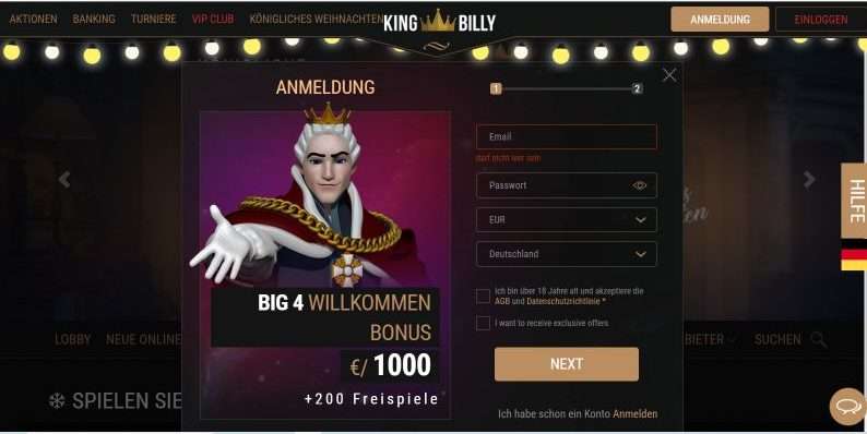 King Billy Casino Registrierung